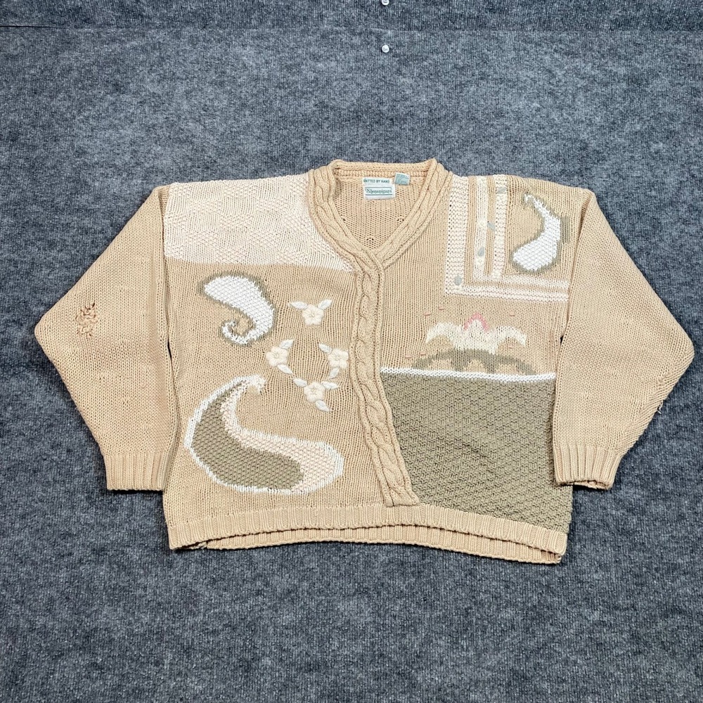 Shenanigans Vintage Hand Knitted Patchwork Cardigan Sweater Tan Beige Medium